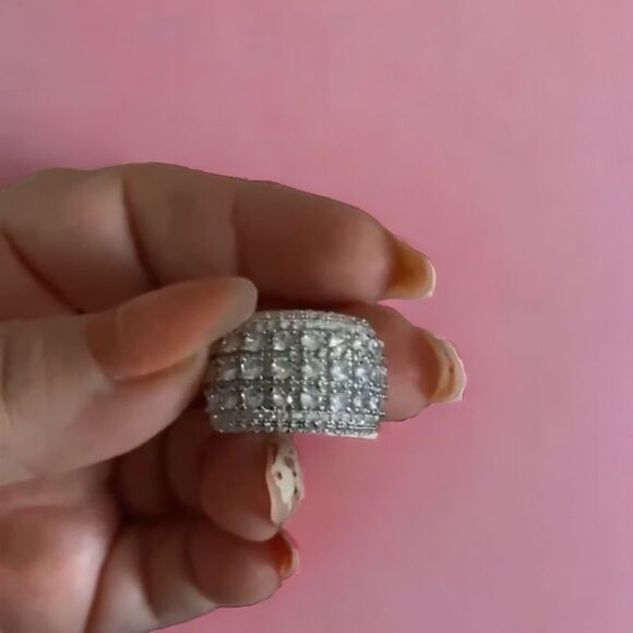 🧊💍Wide Luxurious Silver CZ Diamond 5-Row Sparkle Band Statement Cocktail Ring - Picture 17 of 17